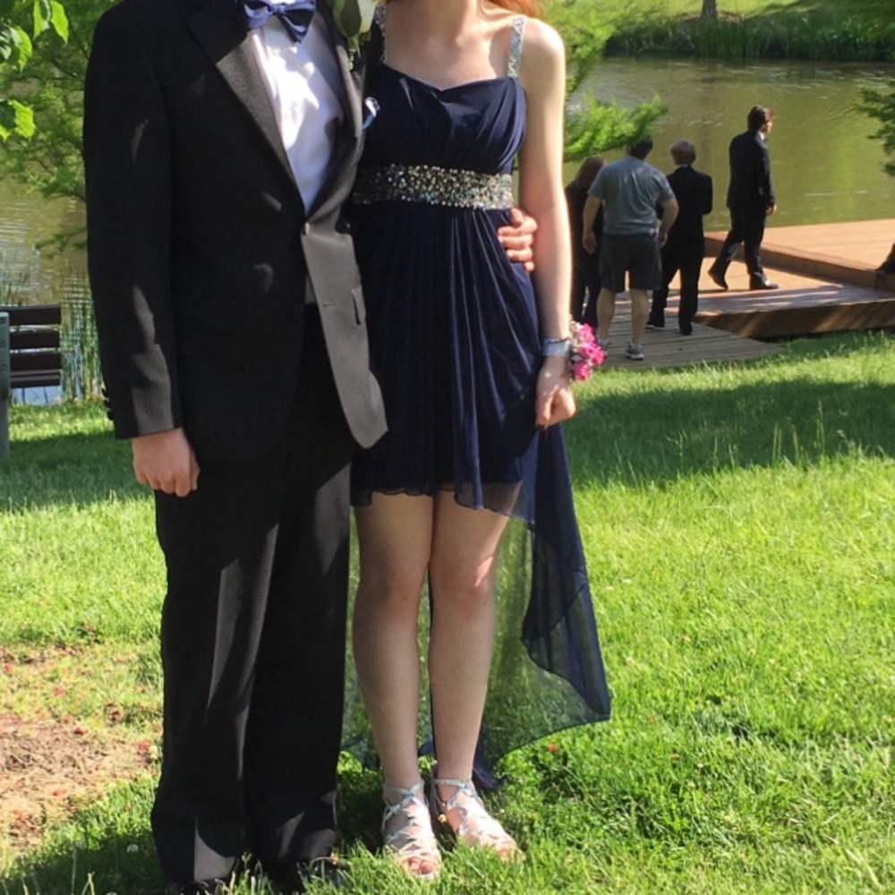 High-Low Navy Dress with Sequin Belt